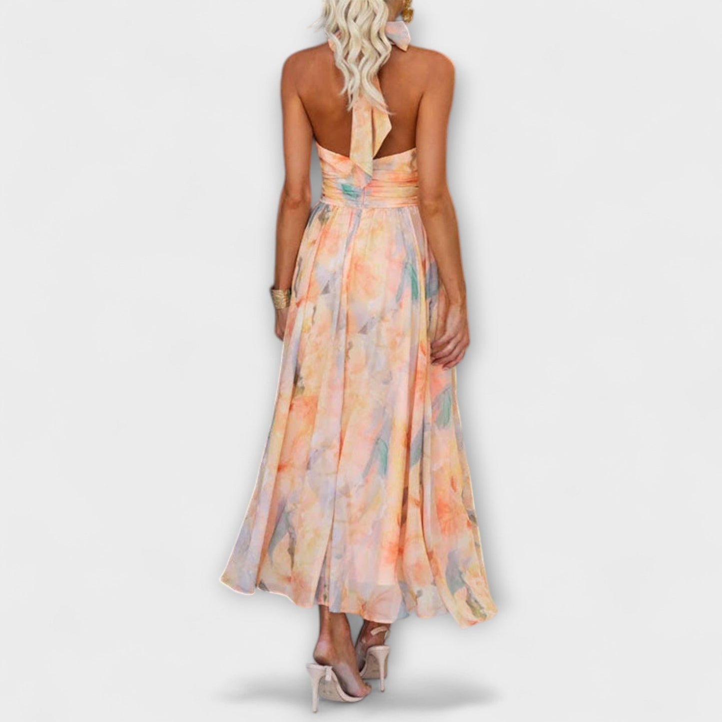 Vestido maxi de cuello halter con estampado acuarela