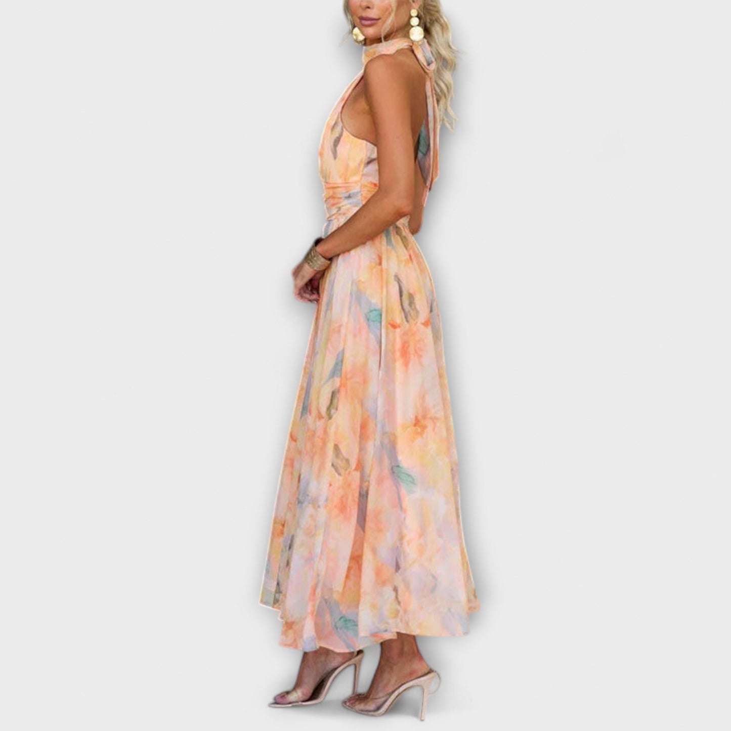 Vestido maxi de cuello halter con estampado acuarela
