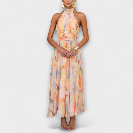 Vestido maxi de cuello halter con estampado acuarela