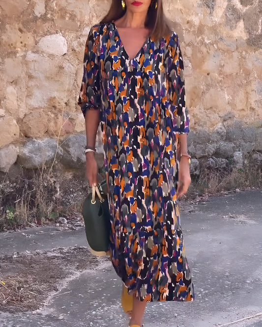 Natalia | Vestido con escote en V y estampado retro