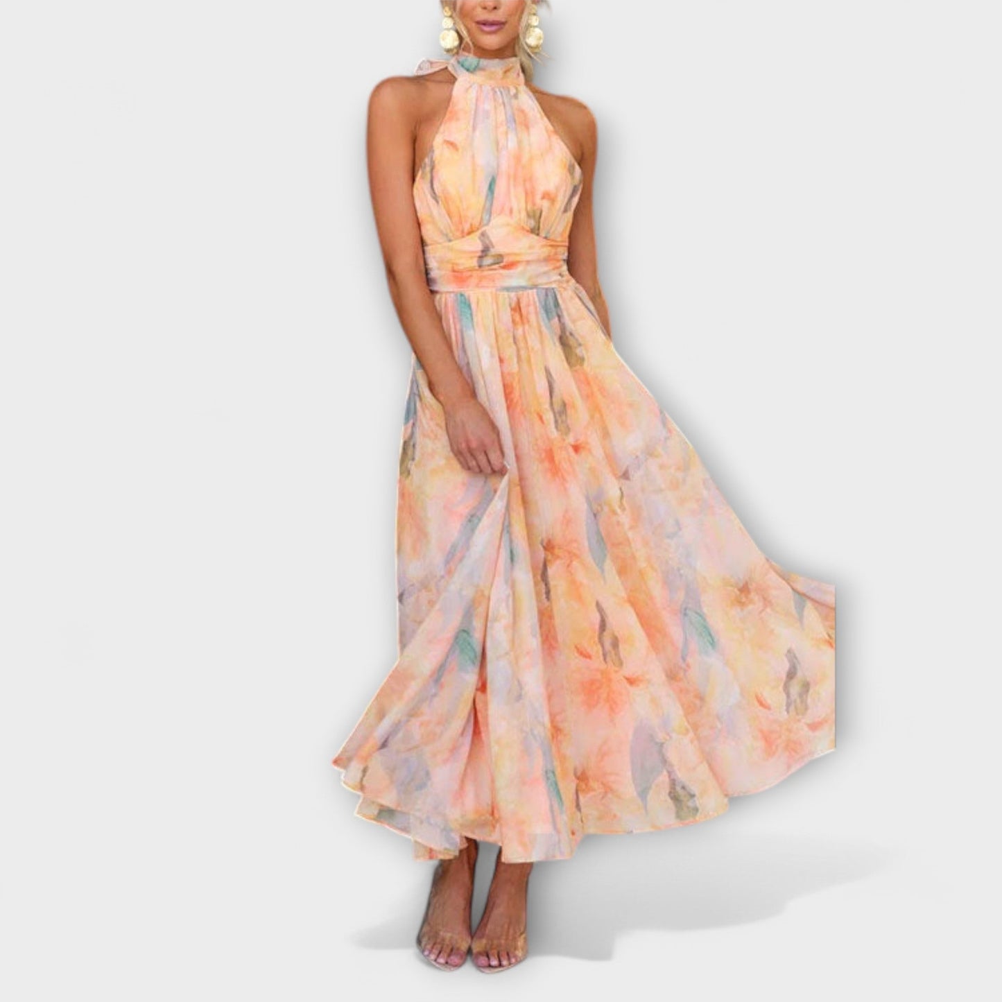 Vestido maxi de cuello halter con estampado acuarela