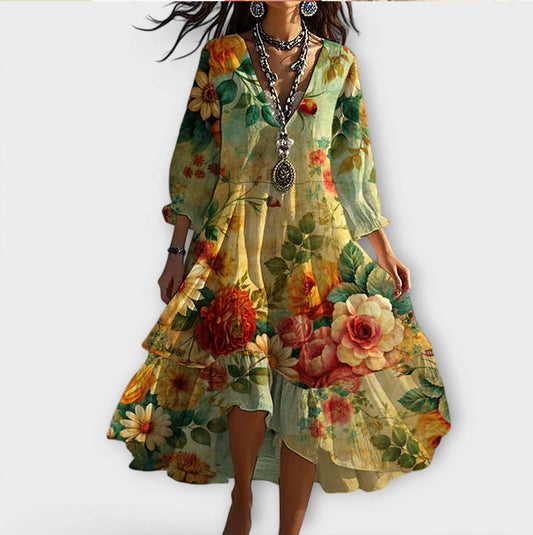 Marina – Vestido boho vintage con estampado floral y escote en V